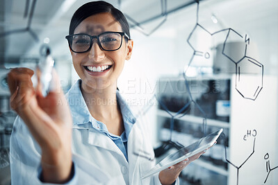 Buy stock photo Science, formula and woman with tablet for chemistry equation for medical research, analysis and solution. Healthcare, pharmaceutical and happy female scientist with digital tech writing on glass