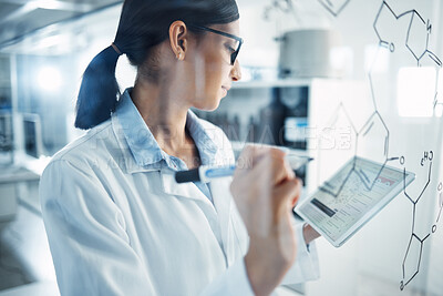 Buy stock photo Tablet, research and female scientist in a laboratory planning a science equation on a board. Technology, medical innovation and woman researcher working on pharmaceutical project with digital mobile