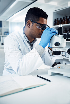 Buy stock photo Man, scientist and microscope, analysis in laboratory and check DNA sample with science experiment. Male doctor analyze data in lab, scientific innovation for development and medical research