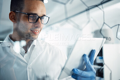Buy stock photo Science, tablet and man with formula for research, medical development and solution in laboratory. Healthcare, biotechnology and male scientist with digital tech for medicine, analysis and results