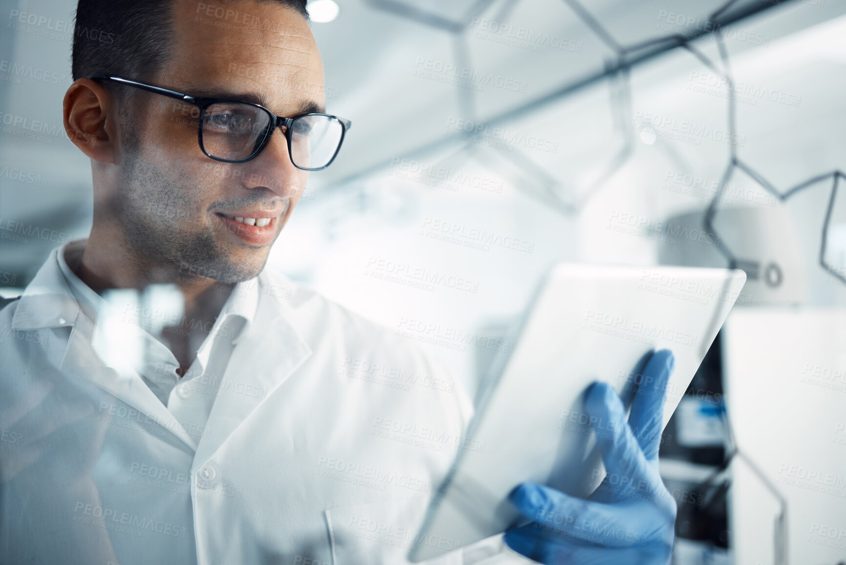 Buy stock photo Science, tablet and man with formula for research, medical development and solution in laboratory. Healthcare, biotechnology and male scientist with digital tech for medicine, analysis and results