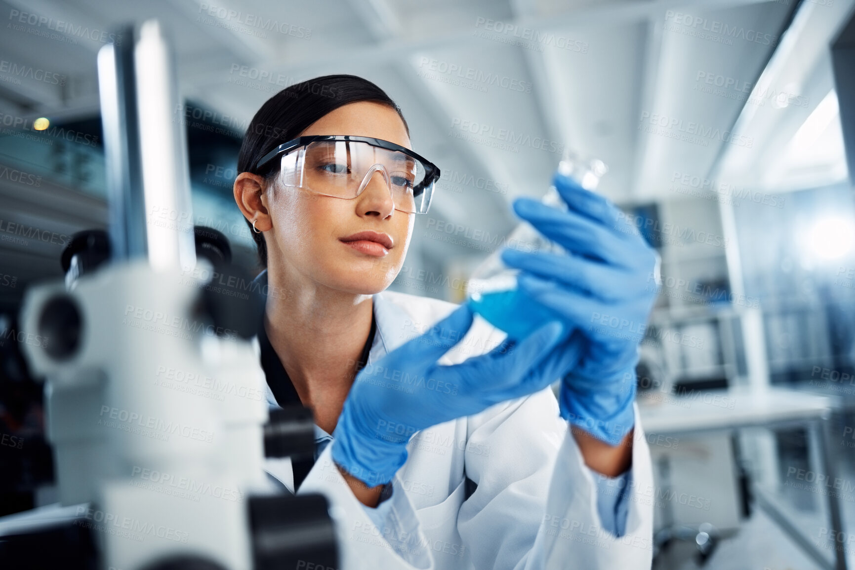 Buy stock photo Woman, beaker or scientist in laboratory for science innovation, life expectancy or antiaging medicine. Futuristic, medical or healthcare biologist with chemistry liquid in research or examination