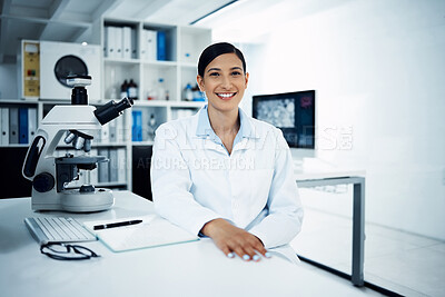 Buy stock photo Science, portrait and woman with microscope in laboratory for medical research, analysis and test. Healthcare, biotechnology and face of female scientist with equipment for study, sample and medicine