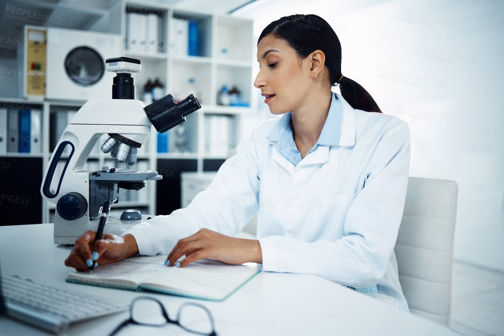 Buy stock photo Woman, scientist and writing notes in research for science discovery, breakthrough or information at lab. Female person or medical expert with notebook for scientific data or results in laboratory