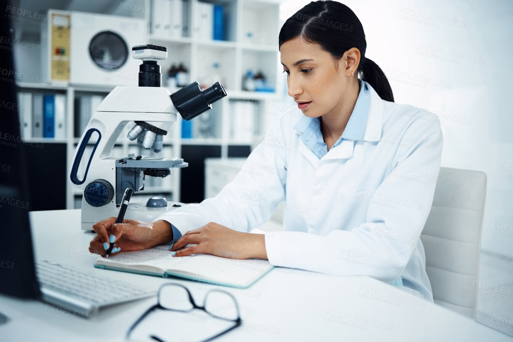 Buy stock photo Woman, scientist and writing in science research for discovery, breakthrough or information at lab. Female person or medical expert with notebook for medicine data, notes or results in laboratory