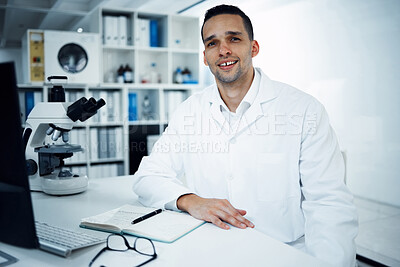 Buy stock photo Science, scientist and portrait of man in laboratory for medical research, analysis and dna test. Healthcare, biotechnology and male chemist with equipment and notebook for study, medicine and virus