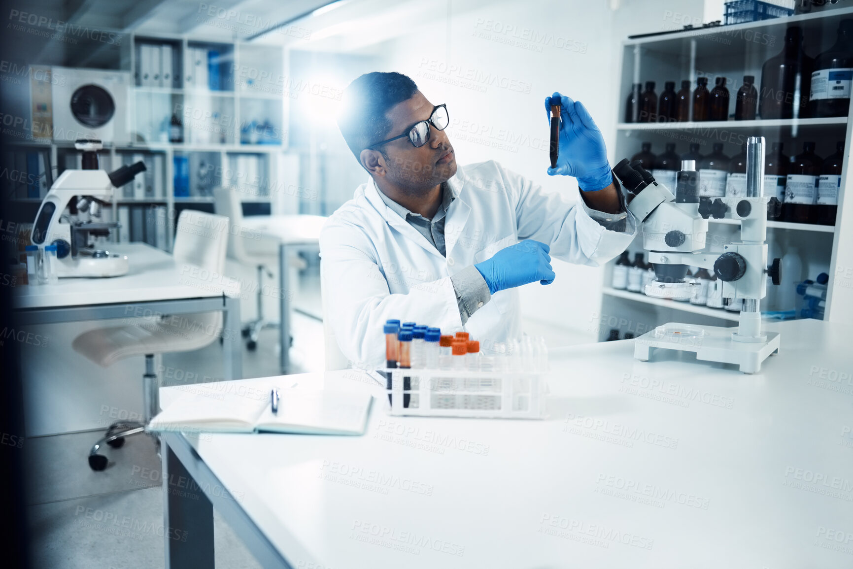 Buy stock photo Man, blood or scientist in laboratory for science innovation, life extension or antiaging medicine. Futuristic, medical vial and healthcare biologist with DNA chemistry in research or examination