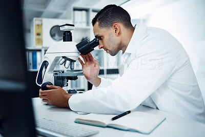Buy stock photo Science, scientist and man with microscope in laboratory for medical research, analysis and dna test. Healthcare, biotechnology and male chemist with equipment for study, medicine sample and virus