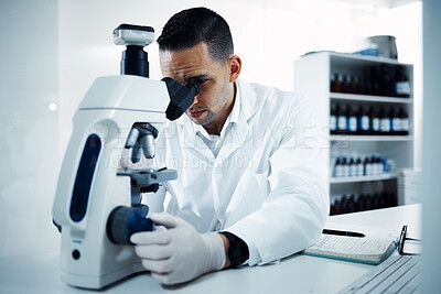 Buy stock photo Notebook, microscope and man scientist in a laboratory for experiment, analysis and innovation. Science, development and male health expert checking results, dna or bacteria medical or sample in lab