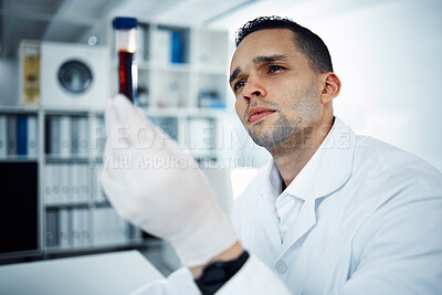 Buy stock photo Man, scientist and analysis of blood in test tube, DNA and science experiment in laboratory. Male doctor with gloves, study sample and forensics, scientific innovation and medical research in lab