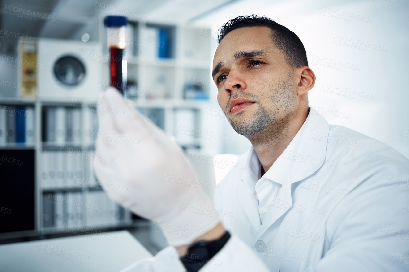 Buy stock photo Man, scientist and analysis of blood in test tube, DNA and science experiment in laboratory. Male doctor with gloves, study sample and forensics, scientific innovation and medical research in lab
