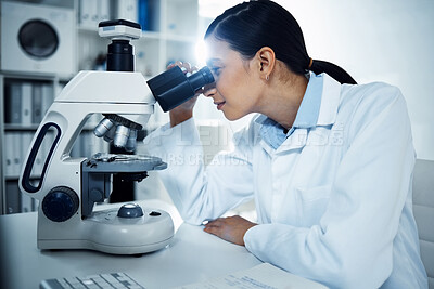 Buy stock photo Science, laboratory and woman with microscope for medical analysis, research and test. Healthcare, biotechnology and female scientist with equipment for study, virus sample and medicine development