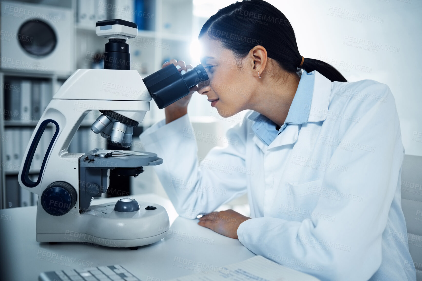 Buy stock photo Science, laboratory and woman with microscope for medical analysis, research and test. Healthcare, biotechnology and female scientist with equipment for study, virus sample and medicine development