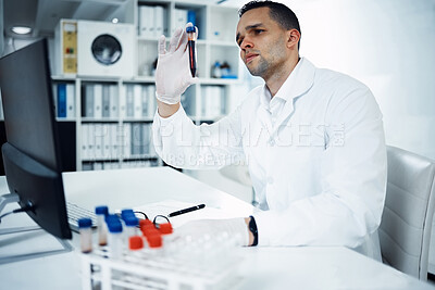 Buy stock photo Man, blood results or scientist in lab for science innovation, life expectancy or antiaging medicine. Futuristic, medical vial or healthcare biologist with DNA chemistry in research or examination