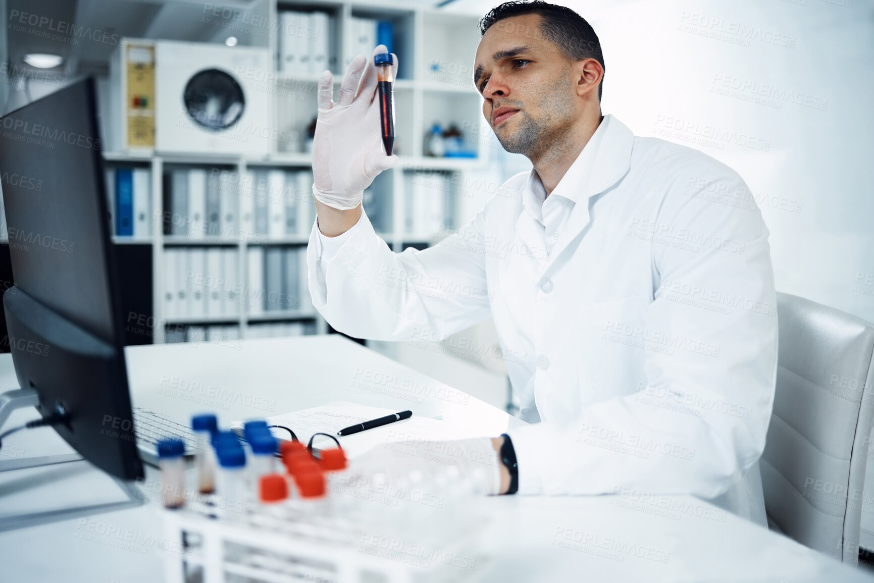 Buy stock photo Man, blood results or scientist in lab for science innovation, life expectancy or antiaging medicine. Futuristic, medical vial or healthcare biologist with DNA chemistry in research or examination