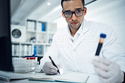 Buy stock photo Lab, microscope and scientist working in pathology career, experiment and blood sample with cultures for research study. Virus, bacteria and biotechnology innovation, professional and people