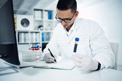 Buy stock photo Man, scientist and writing with blood sample for research, cure or vaccine discovery in science lab. Male person or medical expert with notebook for scientific DNA, test or results in the laboratory