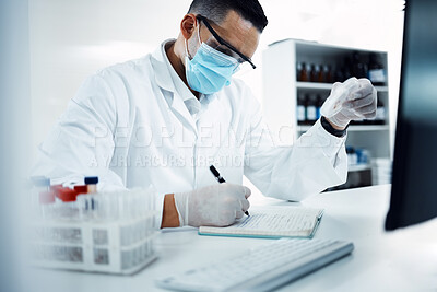 Buy stock photo Science, research and scientist writing notes while doing a data analysis in a medical laboratory. Healthcare, notebook and male researcher working on a scientific project at a pharmaceutical lab.