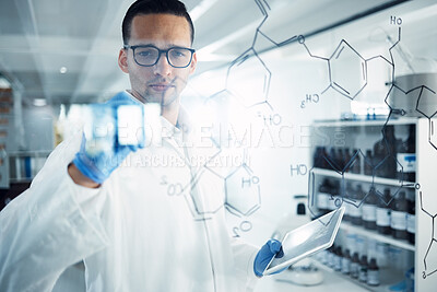 Buy stock photo Science, tablet and man with chemistry formula for medical research, equation and solution. Healthcare, pharmaceutical and male scientist at glass, writing and brainstorming in chemical laboratory
