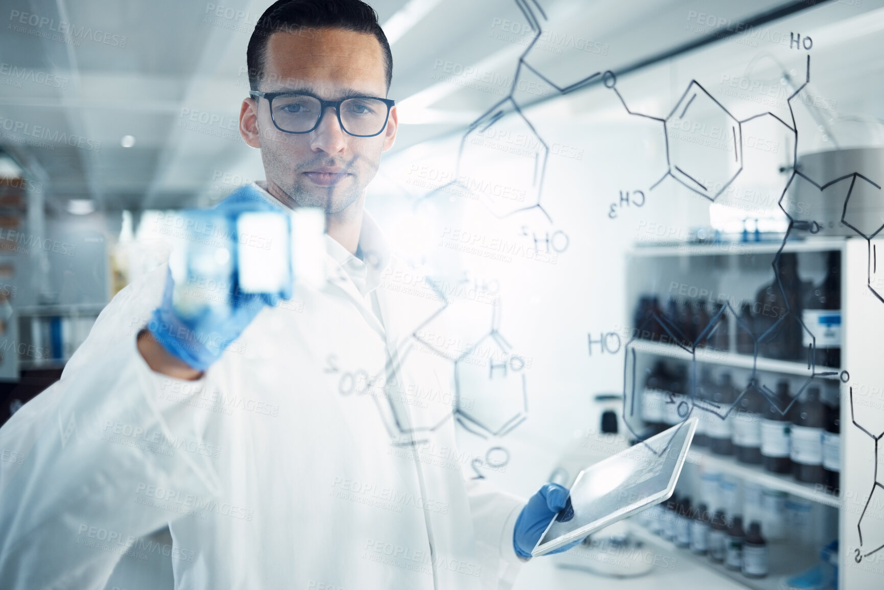 Buy stock photo Science, tablet and man with chemistry formula for medical research, equation and solution. Healthcare, pharmaceutical and male scientist at glass, writing and brainstorming in chemical laboratory