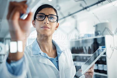 Buy stock photo Science, equation and woman with tablet for chemistry formula for medical research, analysis and solution. Healthcare, pharmaceutical and female scientist with digital tech writing ideas on glass