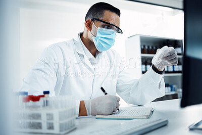 Buy stock photo Laboratory, medical research and scientist writing notes while doing an analysis on virus data. Write, face mask and male science researcher working on scientific project at pharmaceutical lab.