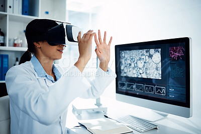 Buy stock photo Woman, scientist and VR goggles with computer screen, futuristic tech with metaverse and innovation in laboratory. Virtual reality, digital science data and UX with biotechnology research of bacteria