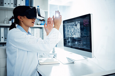 Buy stock photo Woman, scientist and VR goggles with metaverse, futuristic tech and computer screen, science innovation in lab Virtual reality, simulation and digital data, scientific experiment and female doctor