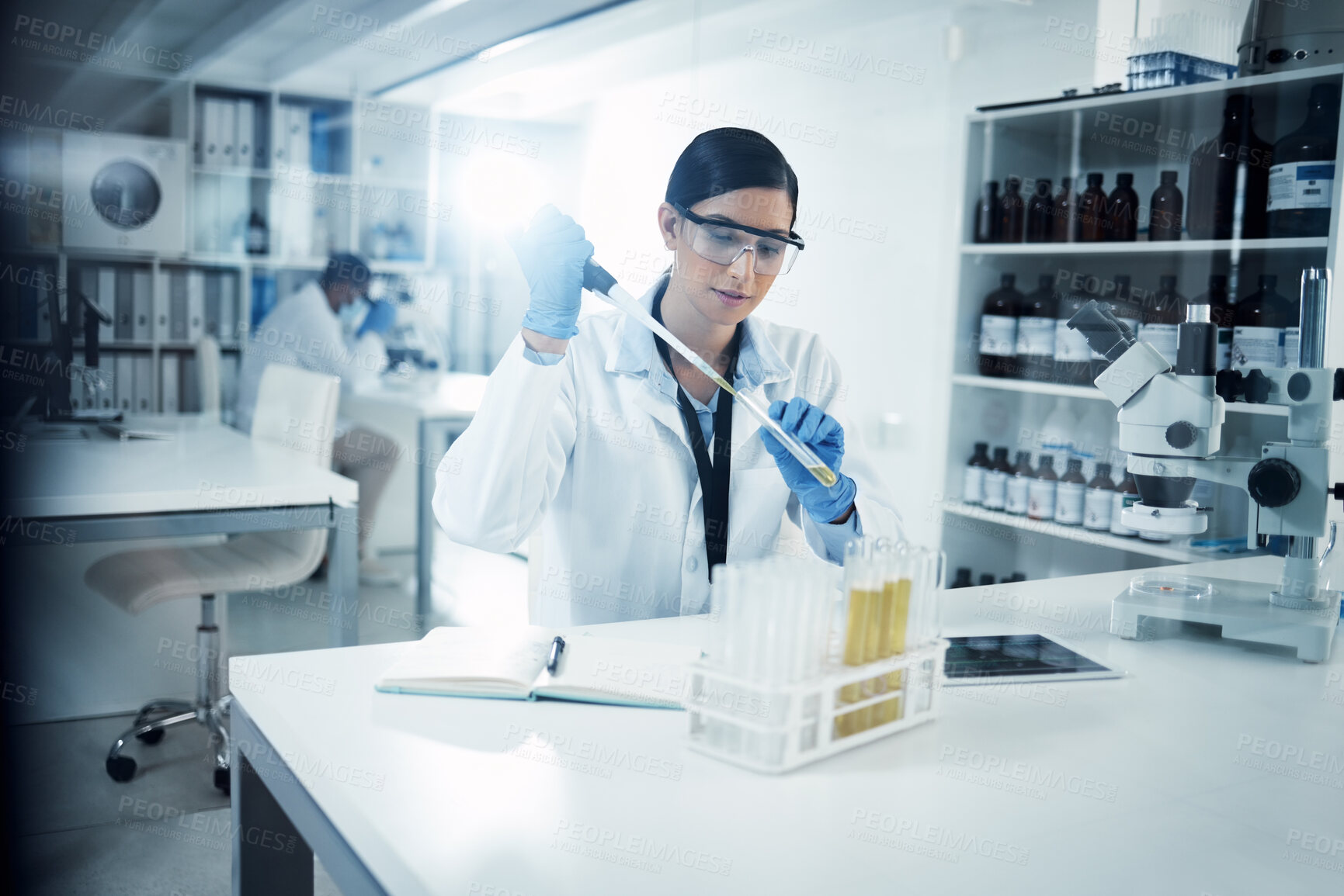Buy stock photo Woman, vial or scientist in laboratory for science innovation, life expectancy or antiaging medicine. Futuristic, medical test or healthcare biologist with chemistry liquid in research or examination