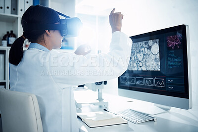 Buy stock photo Woman, scientist and VR goggles with metaverse, computer screen with futuristic tech and science innovation in lab. Virtual reality, digital data and UX with scientific experiment and female doctor