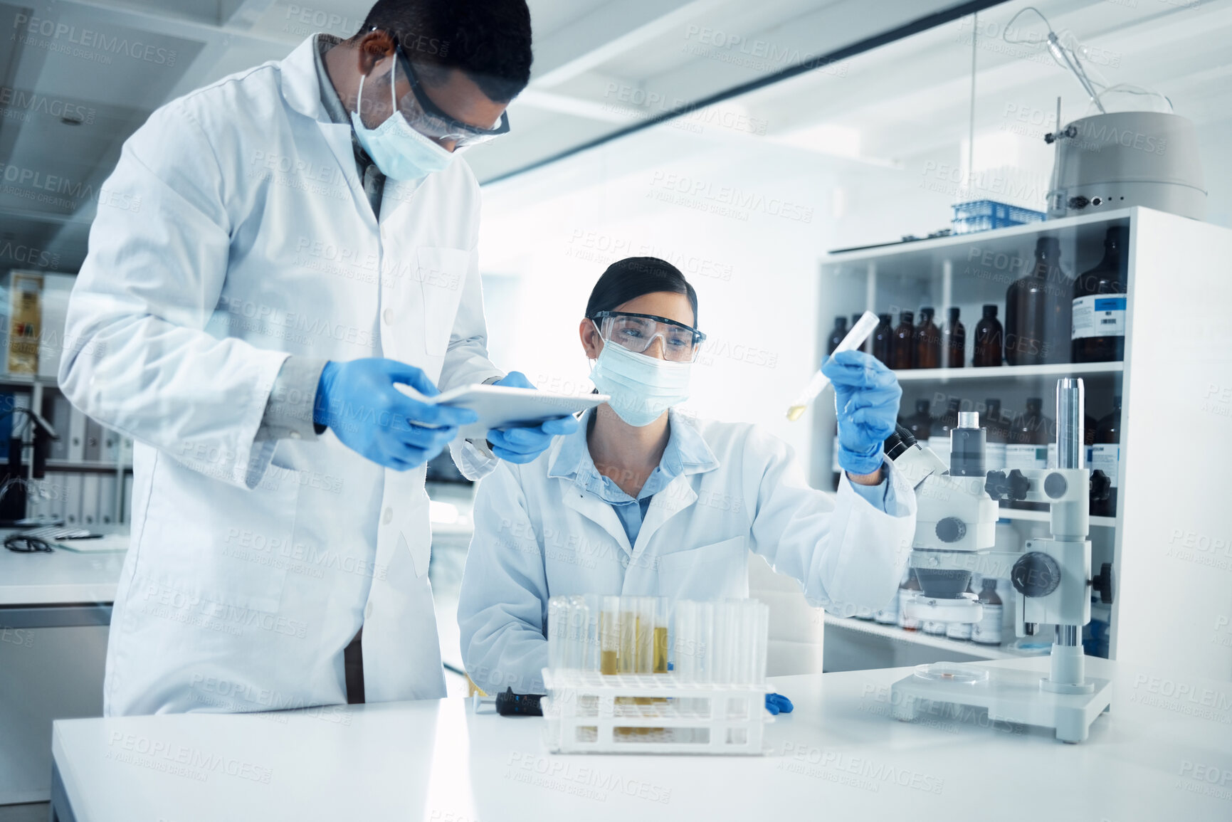 Buy stock photo People, mask or scientists on tablet for liquid results, life extension or antiaging medicine in laboratory. Teamwork, vial or biologists with chemistry research, test tube or science info update