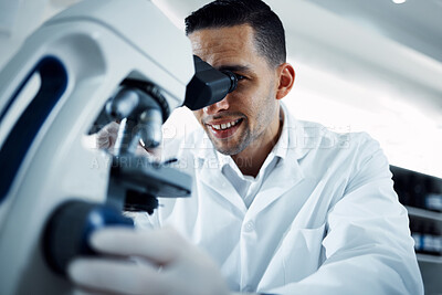 Buy stock photo Science, research and man with microscope in laboratory for medical analysis, innovation and dna test. Healthcare, biotechnology and male scientist with equipment for study, virus sample and medicine