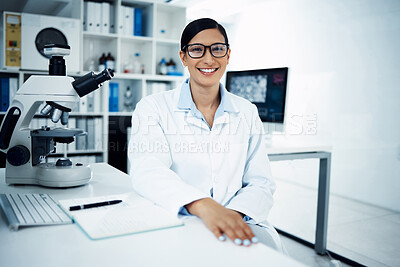 Buy stock photo Science, laboratory and portrait of woman with notebook for medical research, analysis and writing notes. Healthcare, biotechnology and female scientist with microscope for study, sample and test