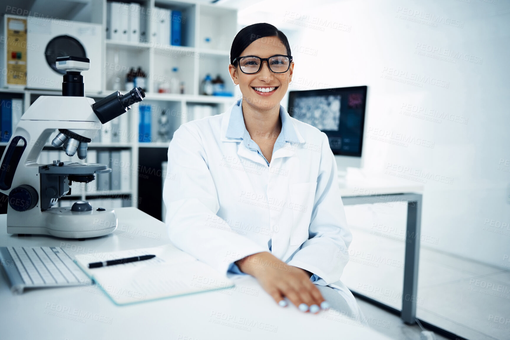 Buy stock photo Science, laboratory and portrait of woman with notebook for medical research, analysis and writing notes. Healthcare, biotechnology and female scientist with microscope for study, sample and test