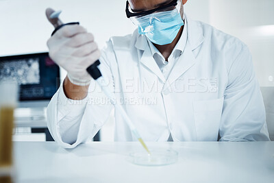 Buy stock photo Scientist, man and dropper on petri dish for research, test or chemical engineer in analysis for healthcare innovation in lab. Pipette, science and medical study of drugs, liquid or exam for vaccine