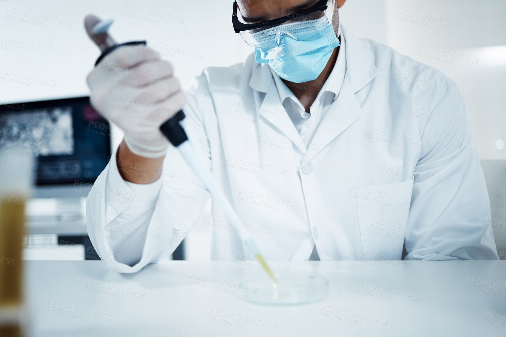 Buy stock photo Scientist, man and dropper on petri dish for research, test or chemical engineer in analysis for healthcare innovation in lab. Pipette, science and medical study of drugs, liquid or exam for vaccine