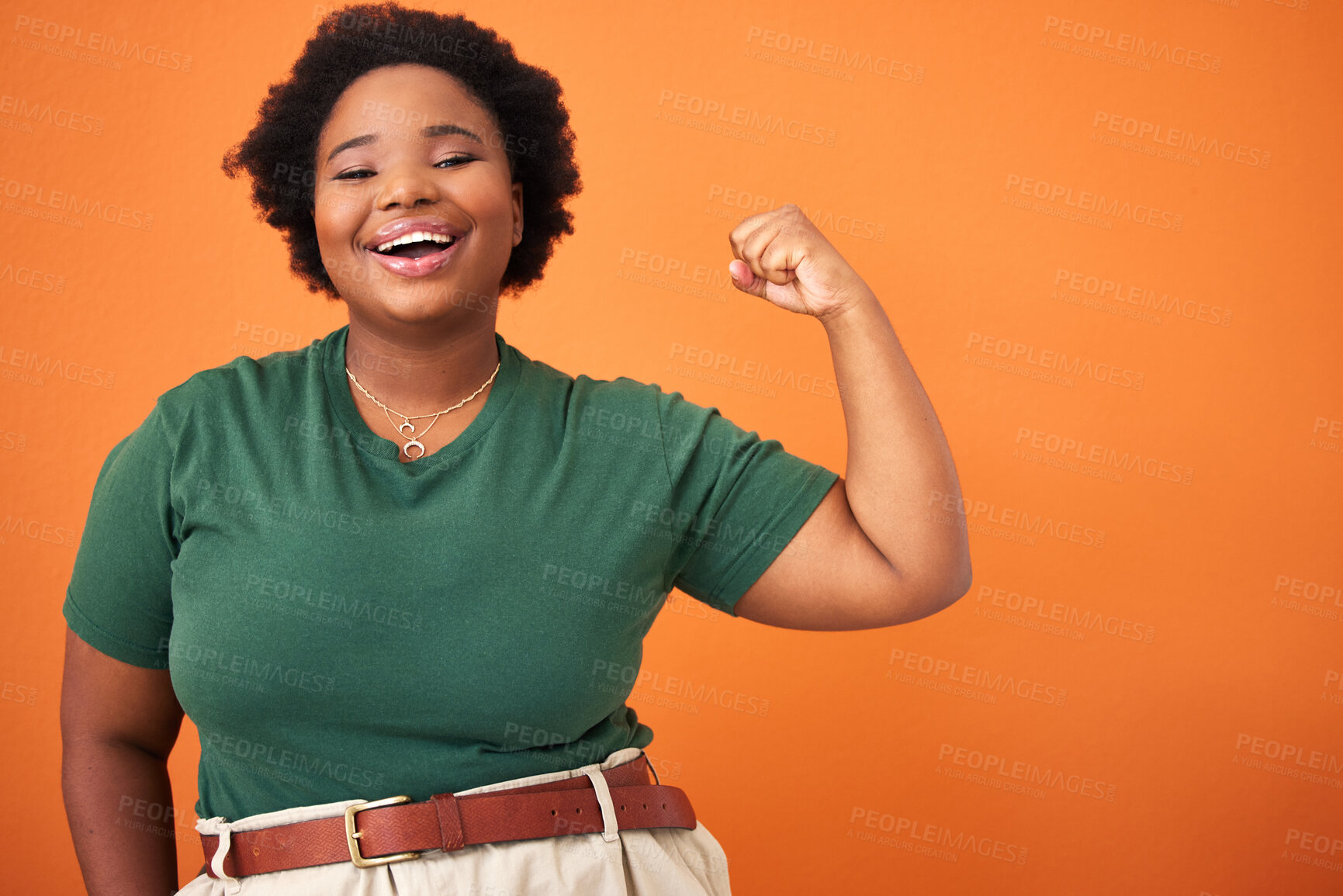 Buy stock photo Smile, flex and portrait of black woman in studio for empowerment, motivation and feminism. Happy, arm muscles and African female person with strength, confidence and pride by color background mockup