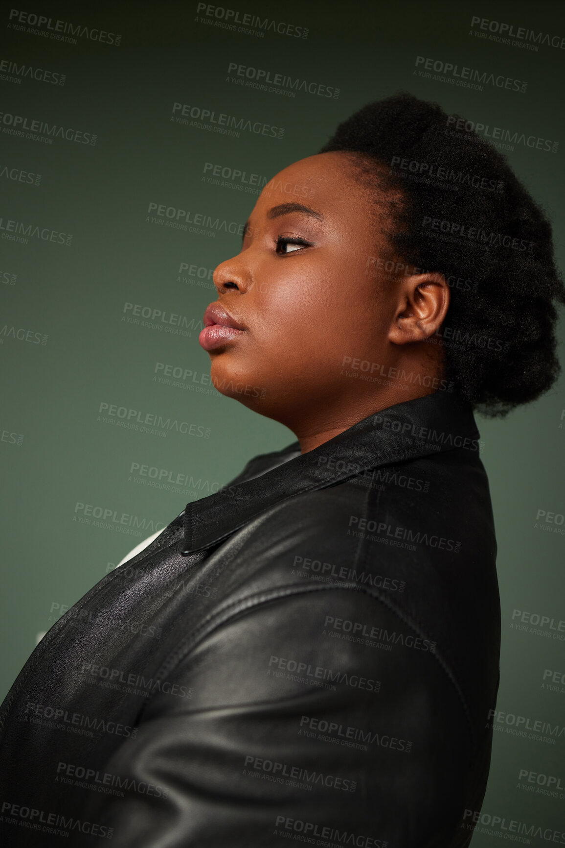 Buy stock photo Studio, black girl and thinking by green background of fashion ideas, planning and pride. Female model, profile and stylish with casual outfit, organic cotton or leather for cool or trendy look