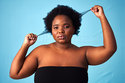 Buy stock photo Beauty, portrait and black woman with hair care in studio for natural, afro and salon treatment. Cosmetic, health and African female model with curly hairstyle routine isolated by blue background.