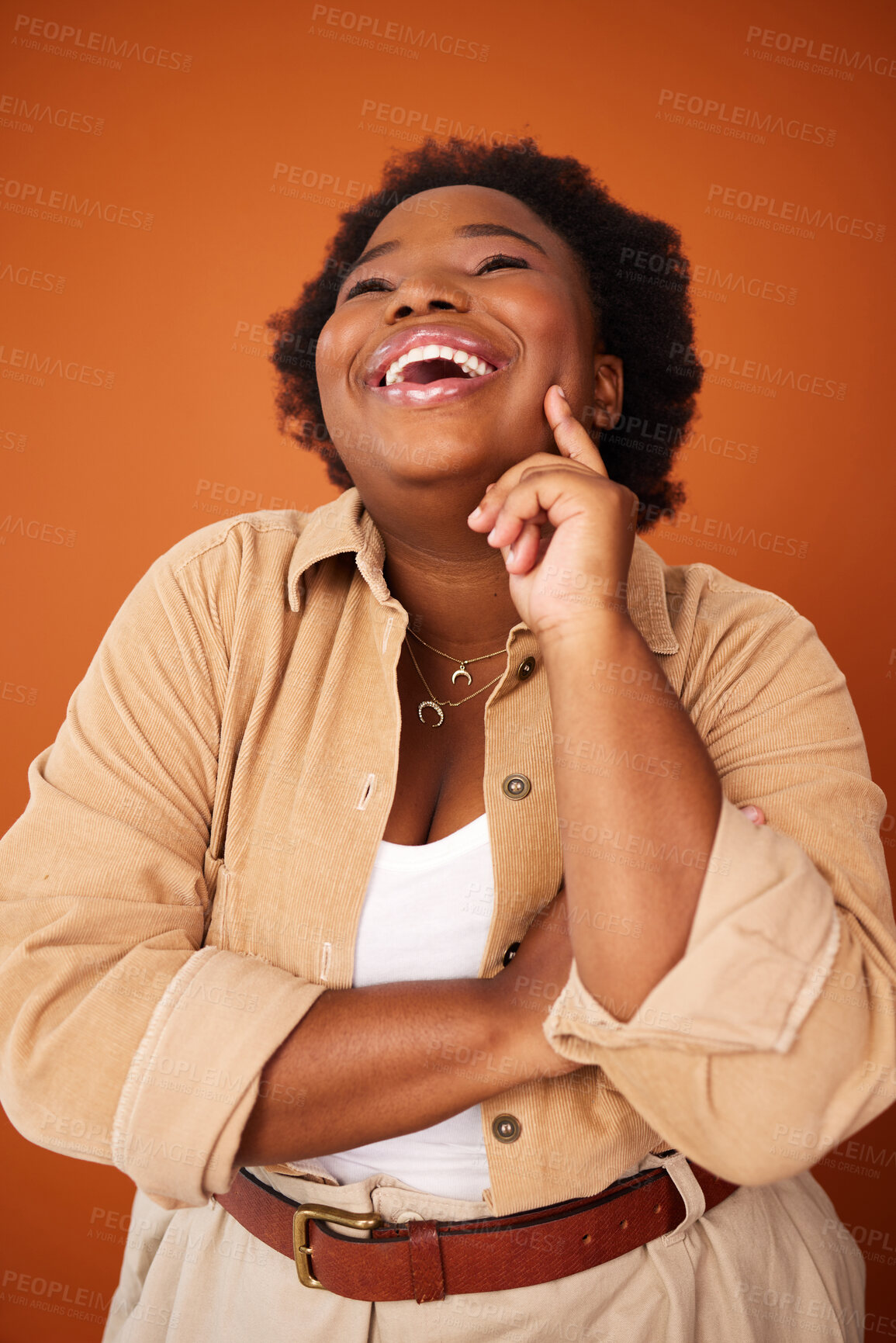 Buy stock photo Black woman, laughing and fashion in studio with confidence to promote plus size aesthetic, trending and clothing. African person, designer and isolated with stylish handmade outfit and happiness.