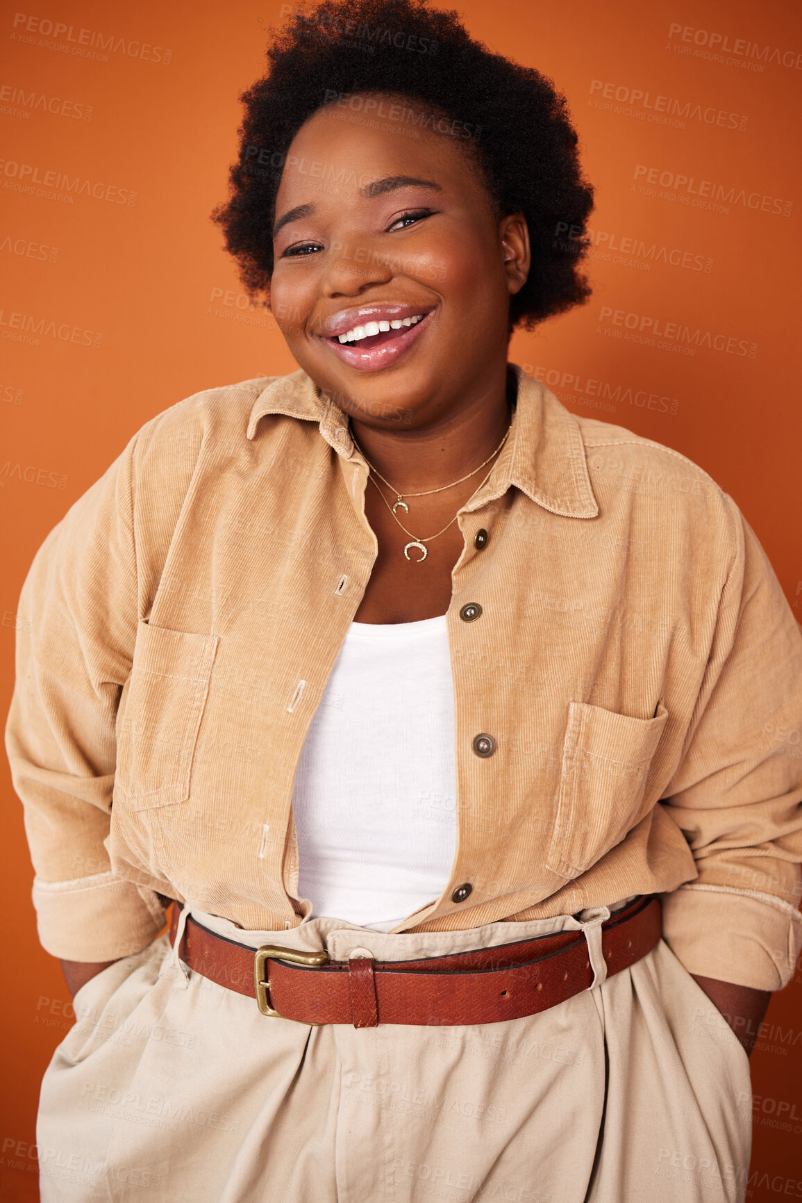 Buy stock photo Black woman, happy and fashion portrait in studio with confidence to promote plus size aesthetic, trending and clothing. African person, designer and isolated with stylish handmade outfit and makeup