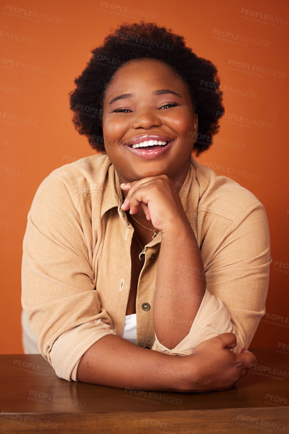 Buy stock photo Black woman, lean and desk with portrait in studio for fashion with confidence as plus size model to promote stylish or trendy clothing. Person, happiness and designer isolated with aesthetic outfit.