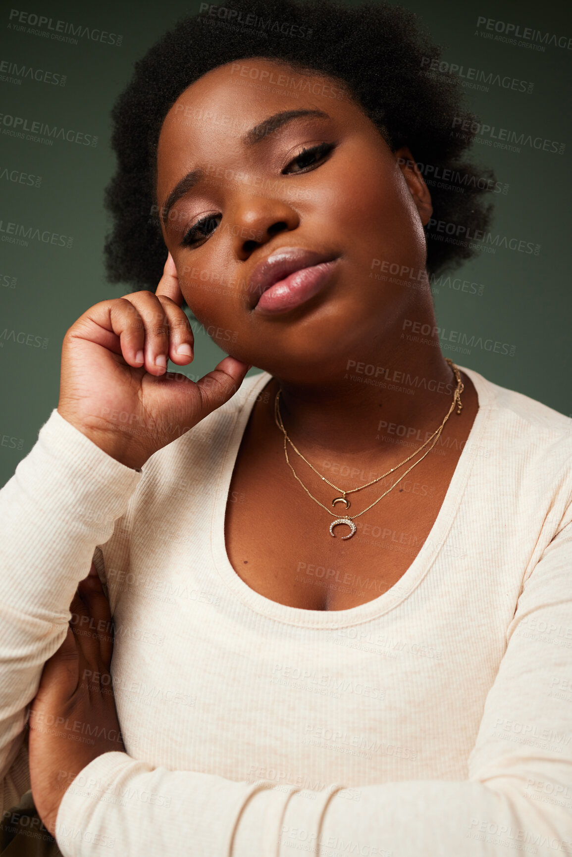 Buy stock photo Black woman, portrait and thinking in studio with attitude, fashion and confidence on dark background. Female person, accessories and afro with hand on head for decision, choice and plus size style