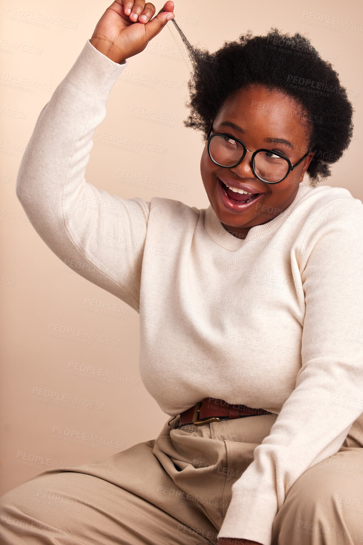 Buy stock photo Black woman, smile and afro care in studio with pride, excited and haircare on beige background. Plus size, female person and hair growth for wellness, conditioner and hot oil treatment with glasses