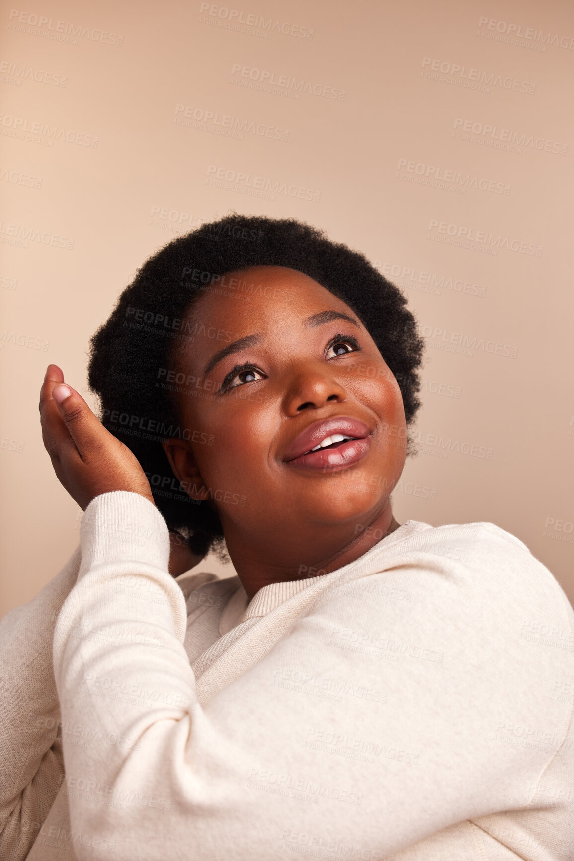 Buy stock photo Black woman, thinking and afro care in studio with pride, happy and haircare on beige background. Beauty, female person and clean routine for wellness, conditioner and hot oil treatment and results