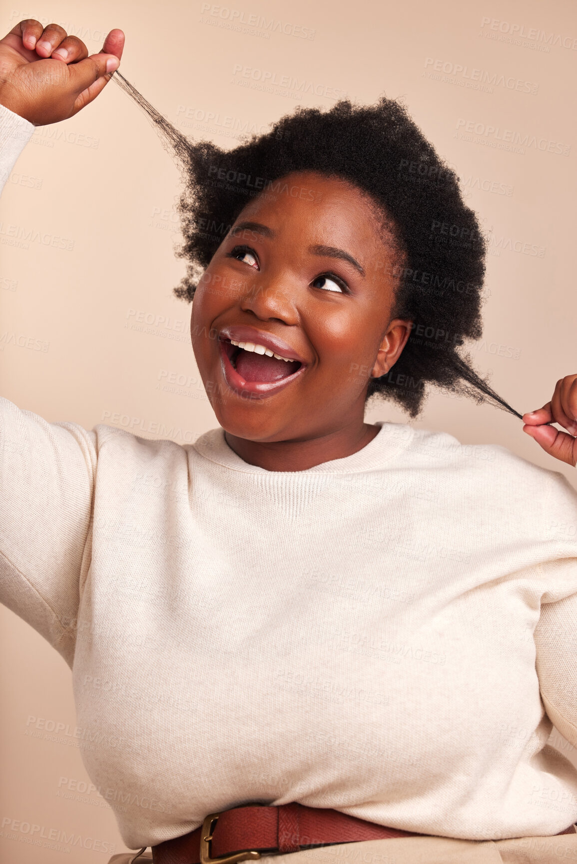 Buy stock photo Black woman, smile and afro hair growth in studio with pride, happy and haircare and playful. Beauty, female person and fun for wellness, conditioner and hot oil treatment with positive results