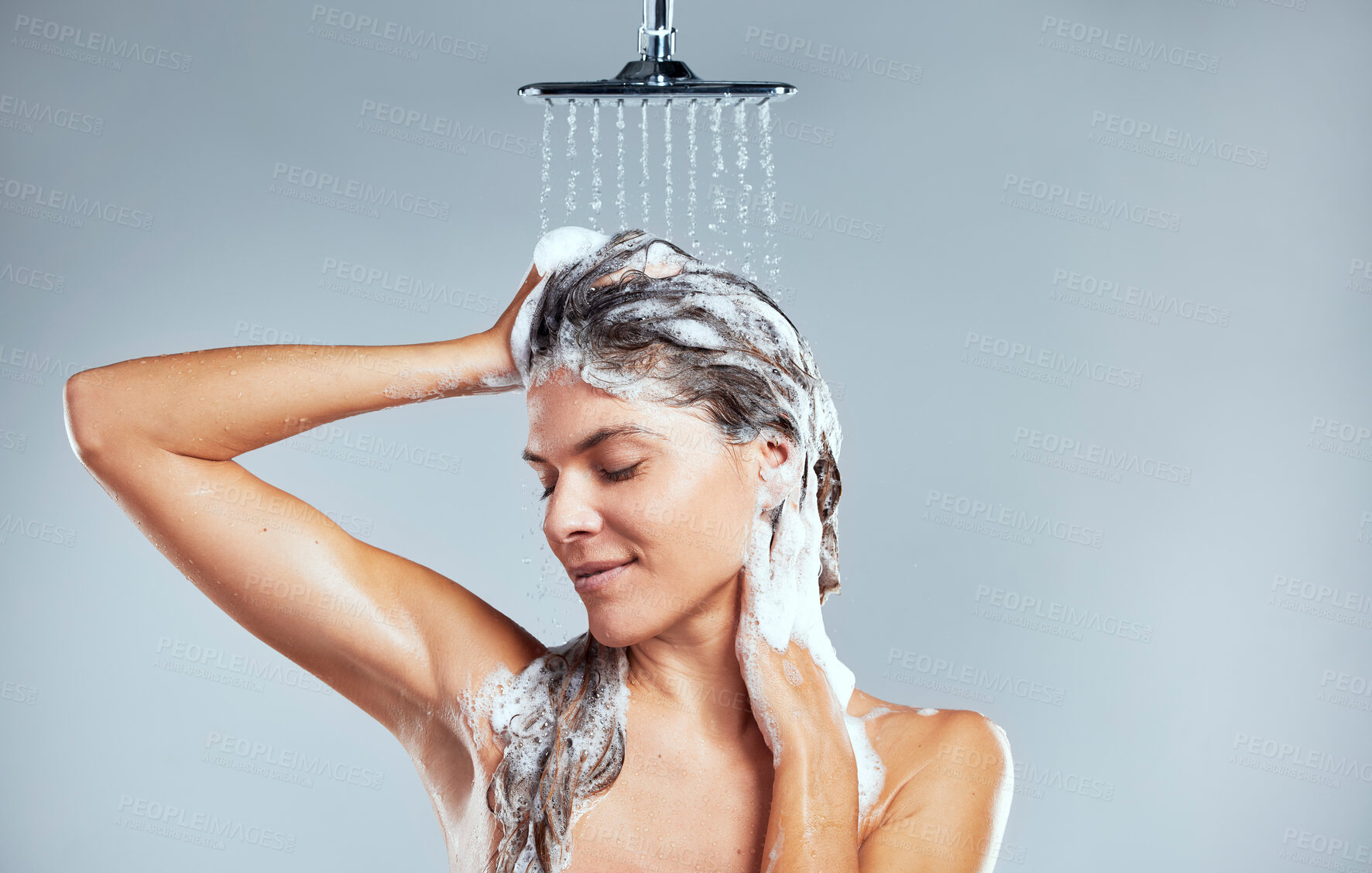 Buy stock photo Shampoo, shower or woman washing for hair care, healthy hygiene or cleaning with soap foam. Studio, grey background or wet girl with wellness or water for beauty, liquid or health for morning routine