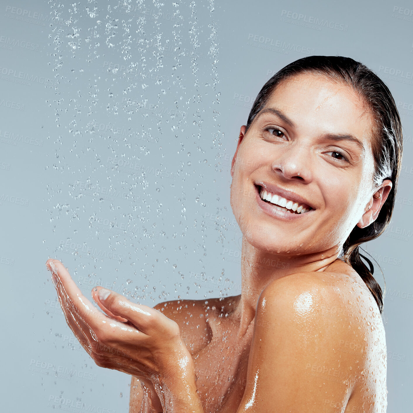 Buy stock photo Portrait, cleaning or happy woman in shower for body hygiene, skincare or washing with wellness or water. Relax, grey background or girl in studio with smile or liquid for beauty, health or drops