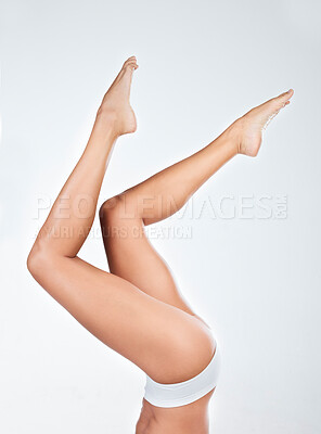 Buy stock photo Woman in underwear, legs and feet of hair removal, beauty and skincare of wellness on white background. Female model, natural cosmetics and epilation for grooming, hygiene and cosmetic care in studio