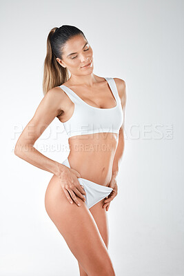 Buy stock photo Woman in underwear, body and skin with hair removal, skincare and wellness isolated on white background. Female model smile, natural cosmetics and epilation for grooming with cosmetic care in studio